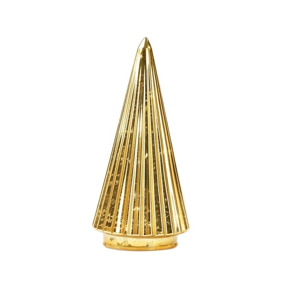 Gold Mercury Glass Lighted Christmas Tree, Gold Finish LED Tabletop Tree Figurines, Battery Operated Lighted Xmas Trees, Table Centerpiece for Mantel, Tiered Tray, Fireplace Shelf Home Decor