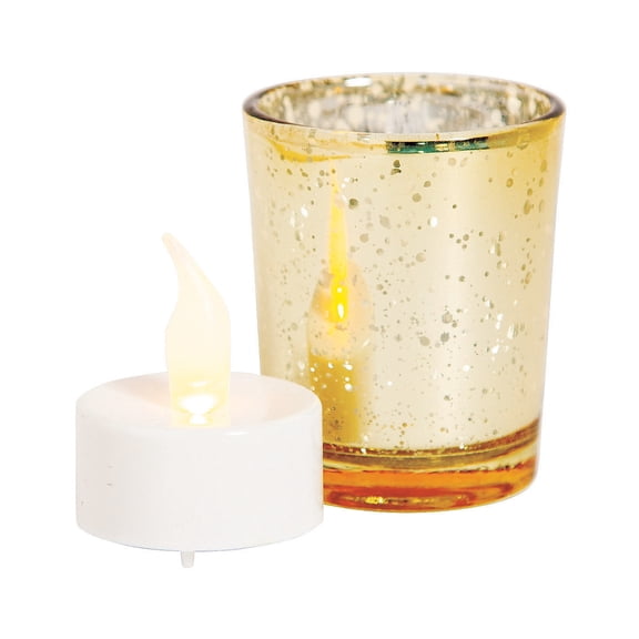 Gold Mercury Glass Votive Candle Holders with Battery-Operated Candles, Wedding, 24 Pieces
