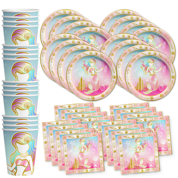 Gold Mermaid Princess Birthday Party Supplies Set Plates Napkins Cups Tableware Kit for 16