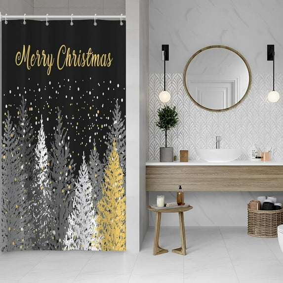 Gold Merry Christmas Shower Curtain White Snow Pine Tree Xmas Shower Curtain for Bathroom Family Dormitory Decor Polyester Durable Waterproof Curtain for Bathroom with Hooks 36x72 Inches
