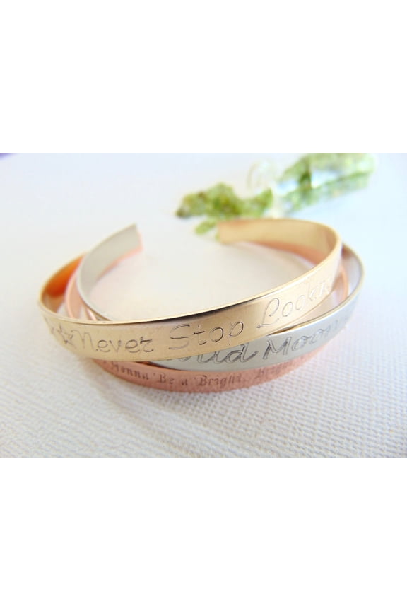 Gold Message Cuff, engraved quote bangle, personalized bridesmaid Bracelet, Stackable bands, Sister gift, bridesmaid gift, Custom name cuff.