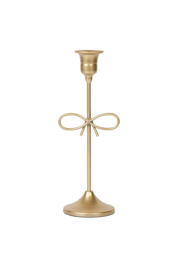 Sterling & Noble Home Gold Metal 9.06" Taper Tabletop Indoor Candle Holder, with Bow Accent