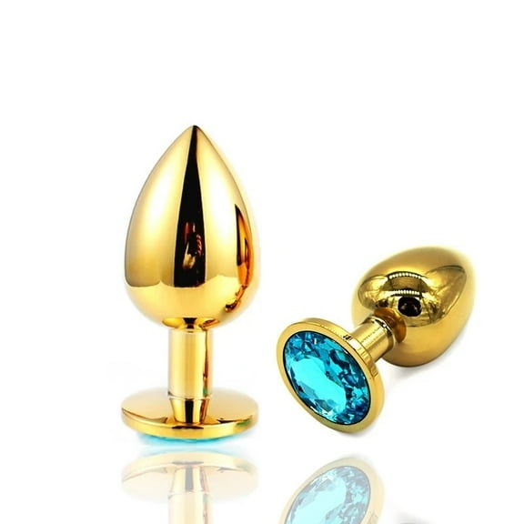 Gold Metal Anal Butt Plug Stainless Steel 3-Sizes Beginner Blue Round Jewel End