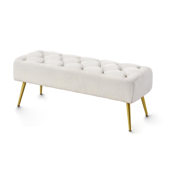 Gold Metal Base Dining Bench, Soft Tufted Fabric Bench for Kitchen, Entry, Living Room, Versatile Seating Furniture, White