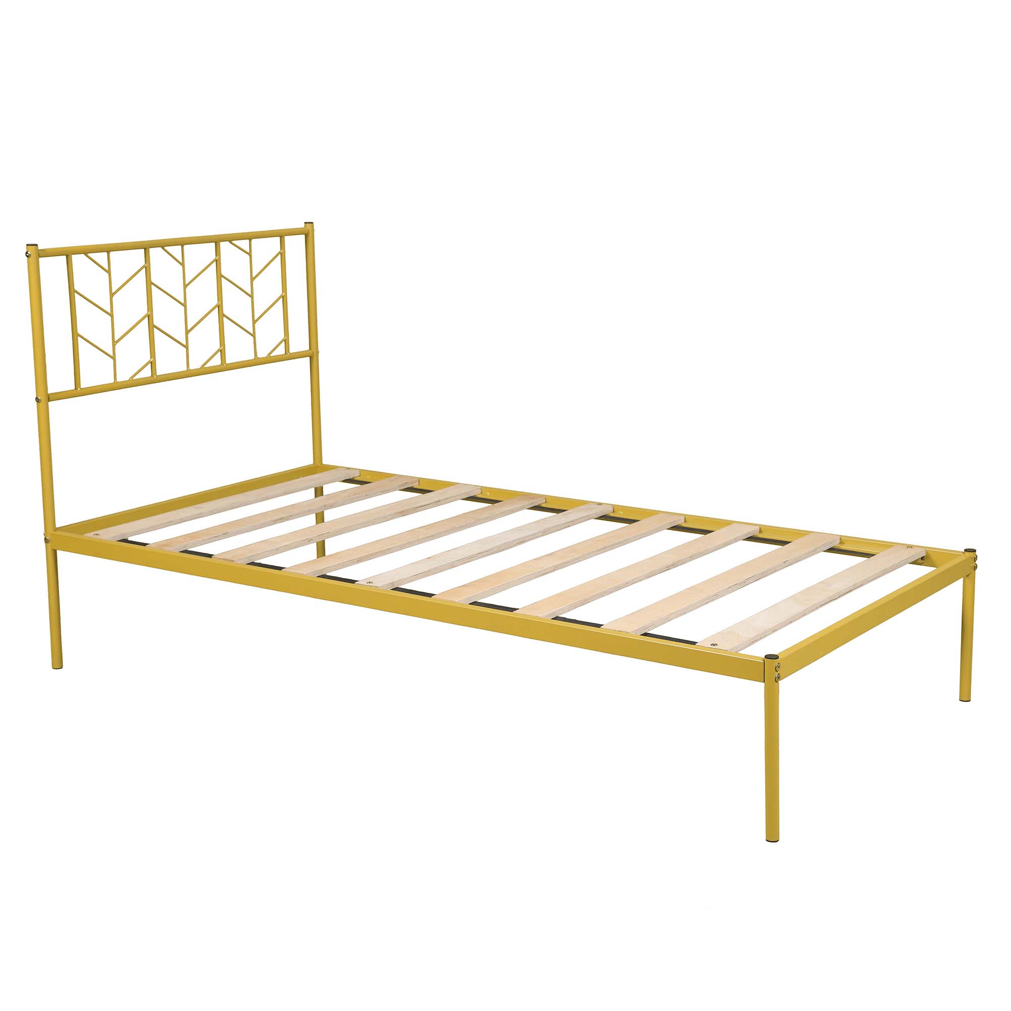 Gold Metal Bed Frame, Single Platform Mattress Base, Strong Wood Slat Support, Twin Size
