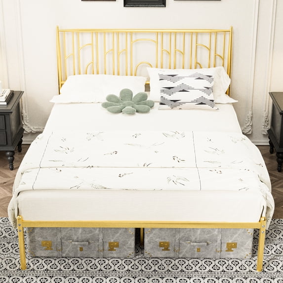 Gold Metal Bed Frame with Decorative Headboard/Quiet Sleep and Easy Setup in Bedroom