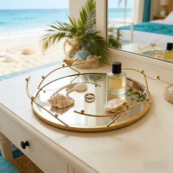 Gold Metal Bird Mirror Vanity Tray for , Perfume and Makeup Storage Home Decor