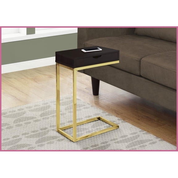 Gold Metal & Brown Wood-Look C-Shaped Coffee Table for Living Room/Bedroom With Storage Drawer