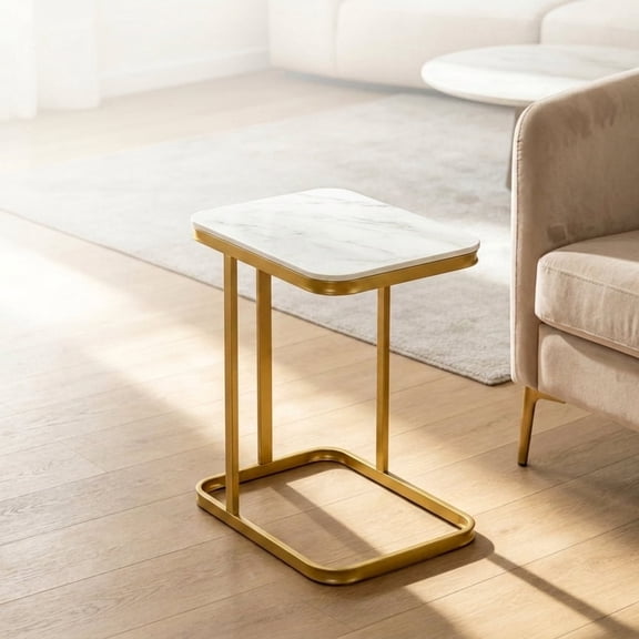 Gold Metal C Shaped Side Table, Faux Marble Top Slim Sofa End Table, Space Saving Accent Side Table for Drinks Laptop Snacks, Living Room Bedroom Apartment Decor, 24"(H) x 20"(W) x 14"(D)
