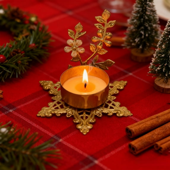 Gold Metal Christmas Snowflake Candlestick Holder for Tabletop Holiday Decor