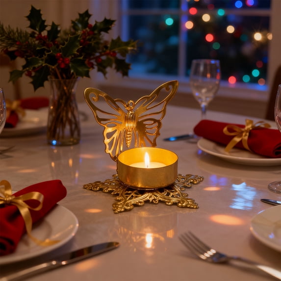 Gold Metal Christmas Snowflake Candlestick Holder for Tabletop Holiday Decor
