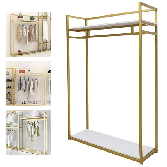 Gold Metal Clothes Display Stand, Floorstanding Garment Rack with Storage Shelves, 66lbs Load for Bedroom Retail Store