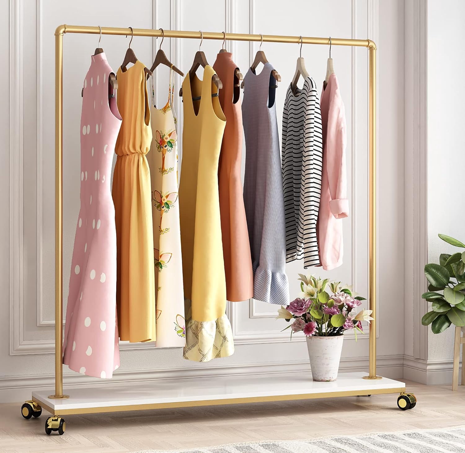Gold Metal Clothing Rack with Wood Shelf, Heavy Duty Rolling Garment ...