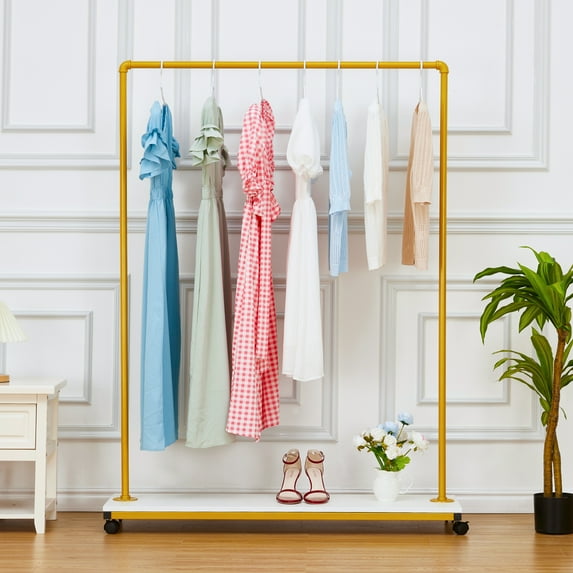 Gold Metal Clothing Rack with Wood Shelf - Stylish and Functional Storage Solution for Your Wardrobe