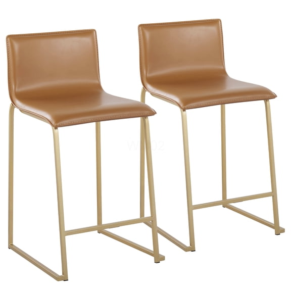 Gold Metal Counter Stool Set of 2, Camel Faux Leather Bar Stools with Footrest for Kitchen Island