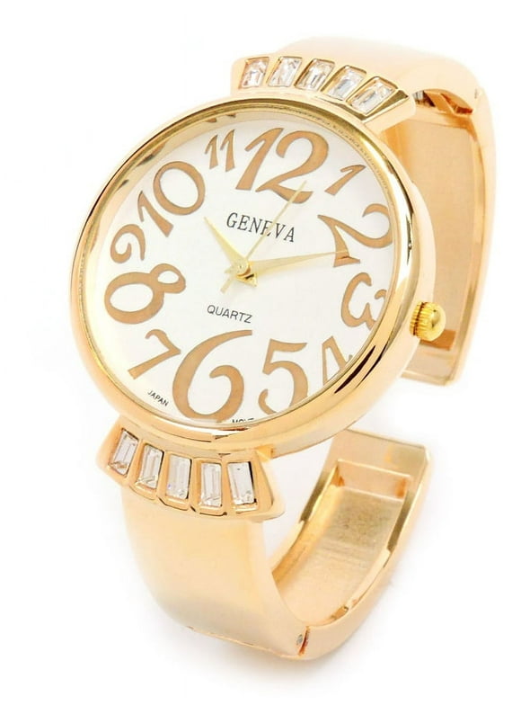Gold Metal Crystal Band Large Face Women's Bangle Cuff Watch