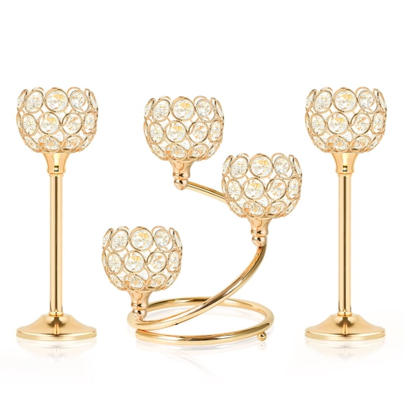 Gold Metal Crystal Candle Holder Set of 3 - Elegant 5-Arm Metal Tea Light Centerpiece with Shining Crystal Bowl, Wedding Anniversary Table Decor for Dining, Party