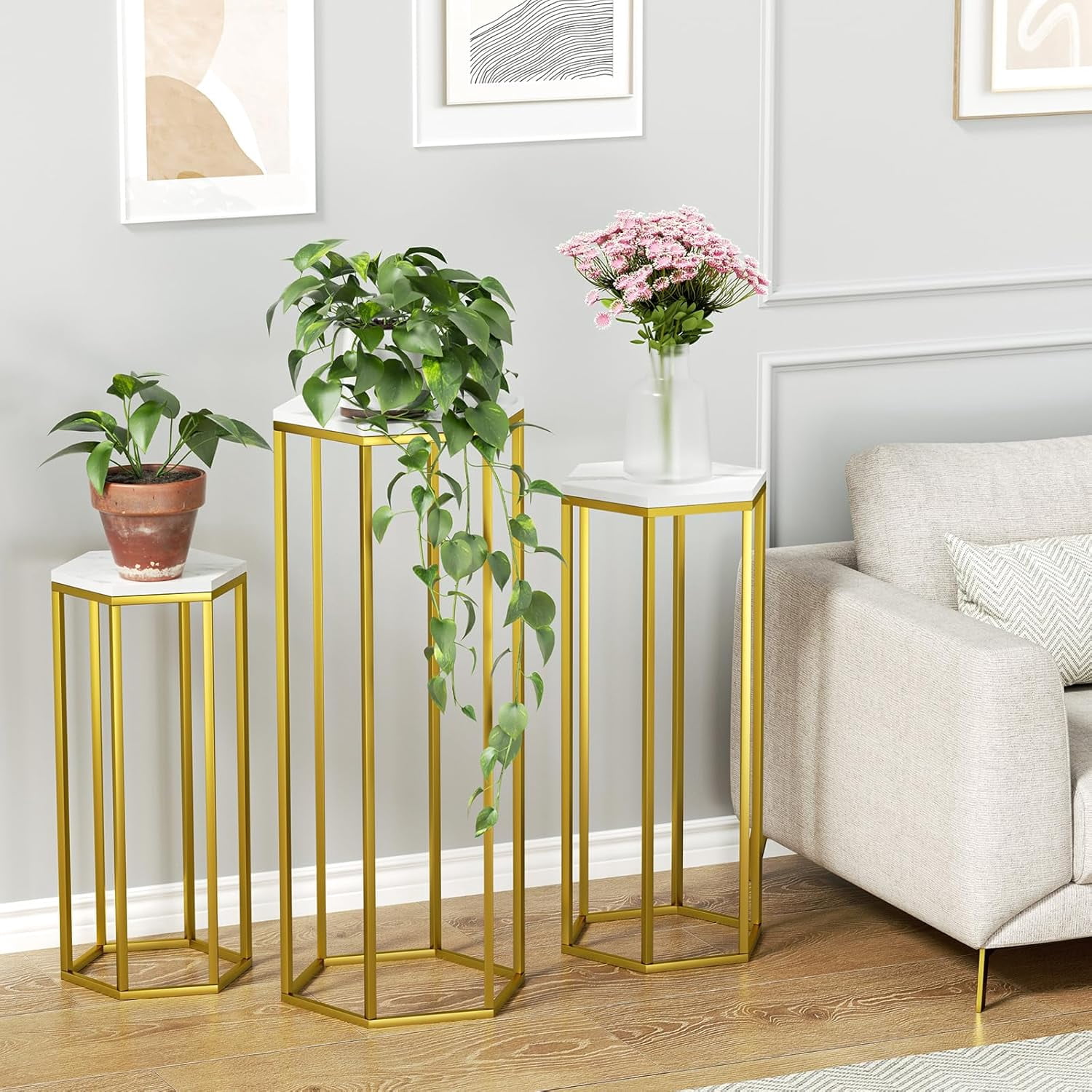 Gold Metal Cylinder Stands Set of 3, Hexagon Pedestal Cake Stands with ...