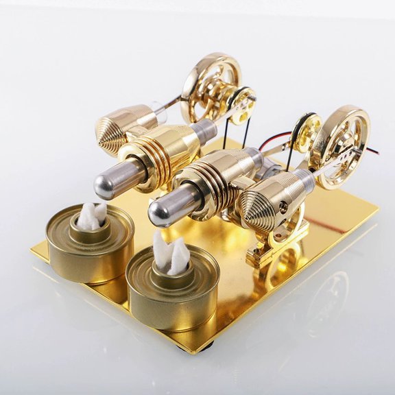Gold Metal-Cylinder Stirling Engine Model Kit, Hot Air Heat-Powered Motor with LED Bulb Precision Mechanical Energy-to-Electricity Generator for Educational Demonstrations