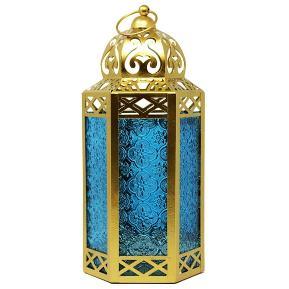 12" Large Moroccan Lantern Candle Holder – Gold with Blue Glass, Metal Decorative Lamp for Indoor or Outdoor Patio or Porch Use, Home Decor, Ramadan, Weddings