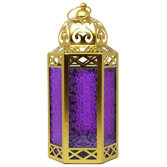 12" Large Moroccan Lantern Candle Holder – Gold with Purple Glass, Metal Decorative Lamp for Indoor or Outdoor Patio or Porch Use, Home Decor, Ramadan, Weddings