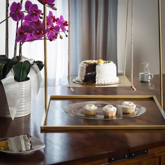 Gold Metal Dessert Stand with Jute Rope, 2.75 Feet Tall Wedding Cake Display for Parties