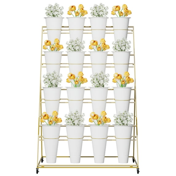 Gold Metal Flower Display Stand with 4 Tiers, 16 Plastic Buckets, and Movable Wheels, Adjustable Height for Indoor, Outdoor, Conservatory, Market