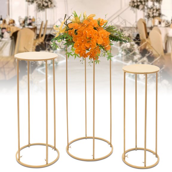 Gold Metal Flower Stand Set of 3, Elegant Round Column Decorative Display for Wedding Party Home Event Decoration