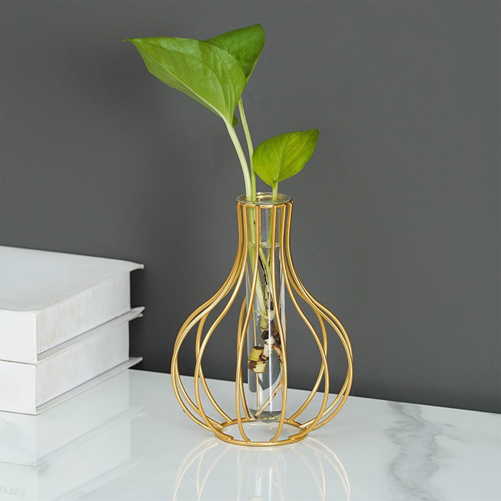 Gold Metal Flower Vases, Desk Decor for Floral Arrangements Glass Test Tube Vases, Elegant and Modern Design for Home, Wedding, and Office Centerpieces