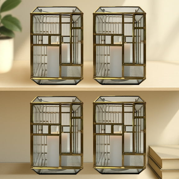 Candle Lantern with Glass and Decorative Gold Finished Frame for Home Decor Console Table Centerpiece Patio Garden Dining Living Room Bedroom Office Farmhouse Events Wedding Decorations - Set of 4