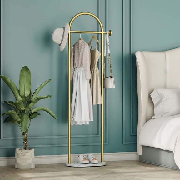 Gold Metal Freestanding Heavy Duty Clothing Rack with Marble Base Multipurpose Garment Hanger Coat Rack with Storage Shelf and Side Hooks for Bedroom Entryway Office