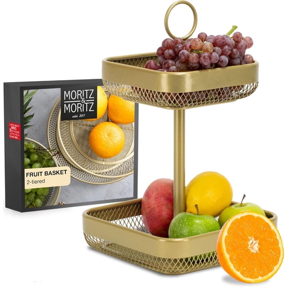 2-Tier Modern Gold Metal Fruit Cake Stand Display Bowl for Fruit, Bread, Vegetables
