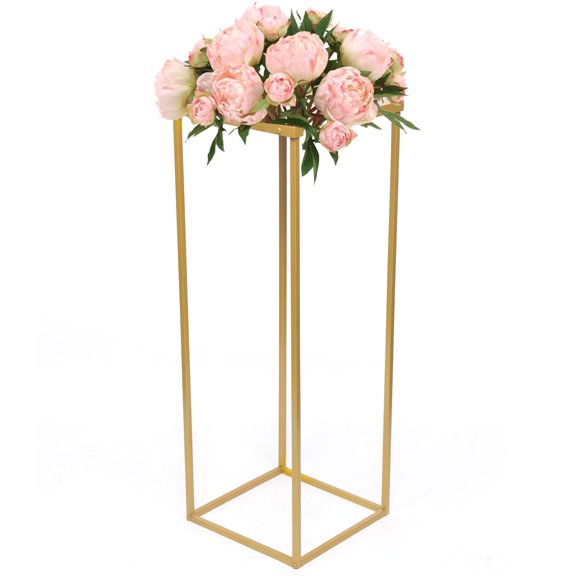 Gold Metal Geometric Wedding Flower Column Stand with Metal Plate Base, 27.6 Inch Tall Floor & Tabletop Centerpiece Vase for Wedding Event Reception Table Decor