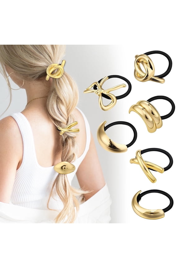 Gold Metal Hair Ties, Ponytail Holders for Thick Hair, Perfect Holiday Gift, Set of 6