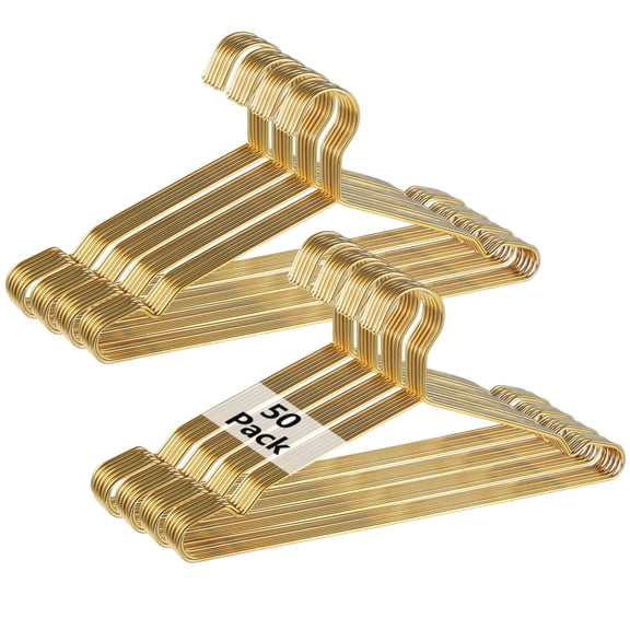 Gold Metal Hangers for Clothes, 50 Pcs Stainless Steel Wire Clothes Hangers, Heavy-Duty, Space-Saving for Coat Suit Dress