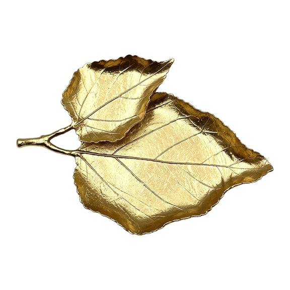 Gold Metal Leaf Shaped Double Layer Trinket Tray Tabletop Decor 7.68x4.09in