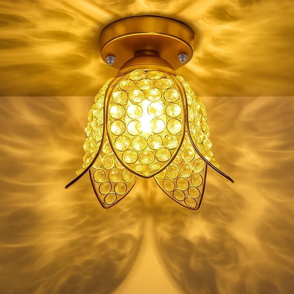 Gold Metal Lotus Crystal Flush Mount Ceiling Light, for Hallway Light Fixture Ceiling