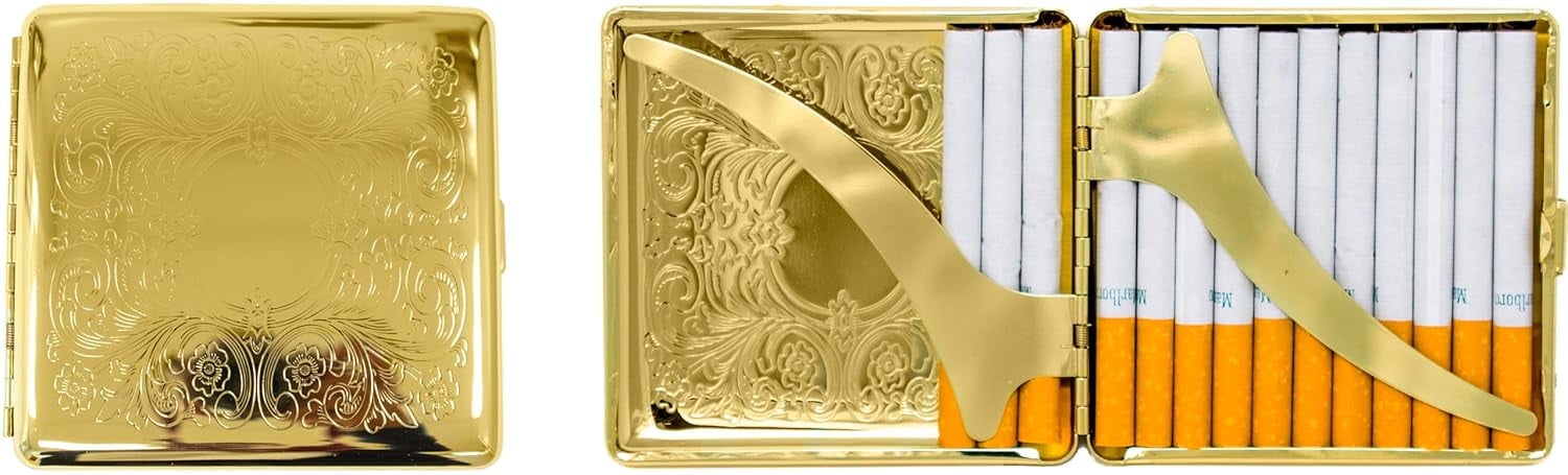 Gold Metal-Plated Cigarette Case & Stash Box (Full Pack - King Size Cigarettes)