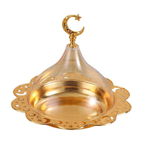 Gold Metal Serving Dish with Acrylic Dome - 20cm Eid & Party Dessert Tray, Cake Stand with Star & Moon Design for Candy, Turkish Delight, Home Decor