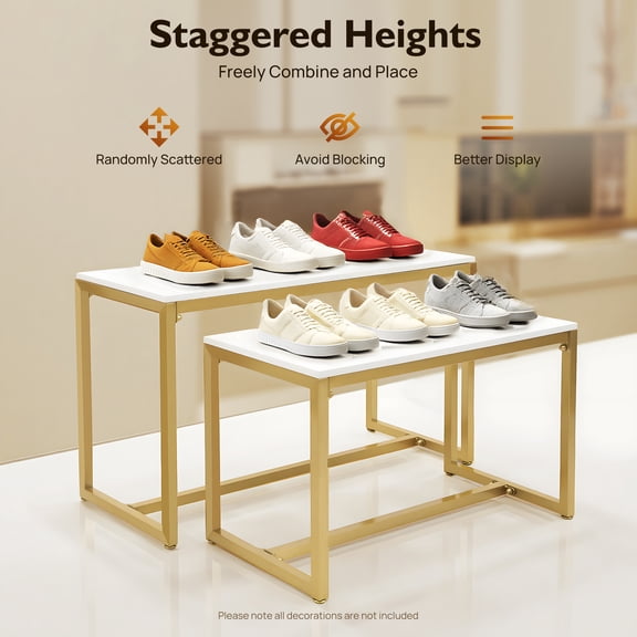 Gold Metal Shoe Handbag Display Stand 2 Pieces Nesting Tables Display Riser Shelf for Homes Retail Stores Hotels