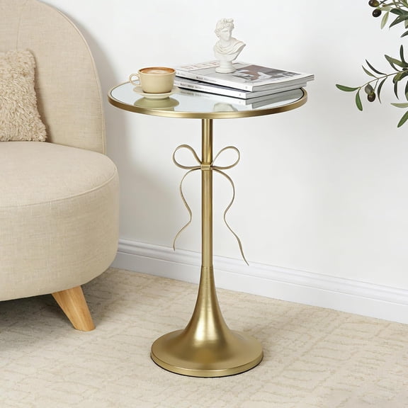Gold Metal Side Table, Retro Bow Pedestal End Table with Mirror Tabletop, Decorative Martini Drink Table for Small Space, Living Room, Couch, Patio