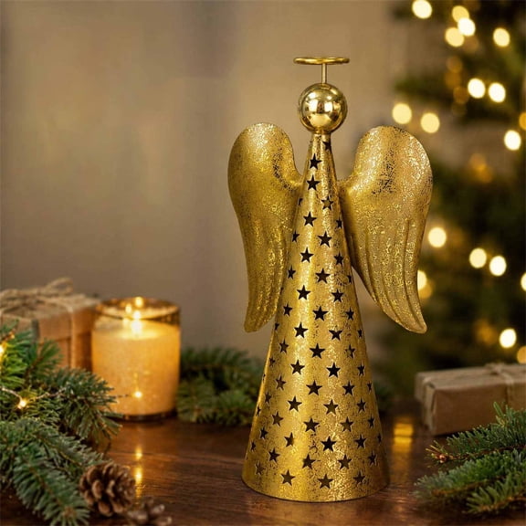 Gold Metal Star Cutout Tabletop Decor, Textured Golden Figurine with Hollow Star Design, Elegant Christmas Holiday Mantel Coffee Table Centerpiece, Winter Party Decoration for Living Room Entryway