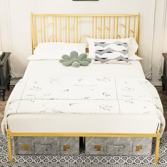 Gold Metal Steel Bed Frame For Queen, Iron-art Headboard, Construction , Under Storage Option, Silent Sleep Experience, Easy Assembly Bedroom Queen Frame, With Decorative Strong Structure, Area,