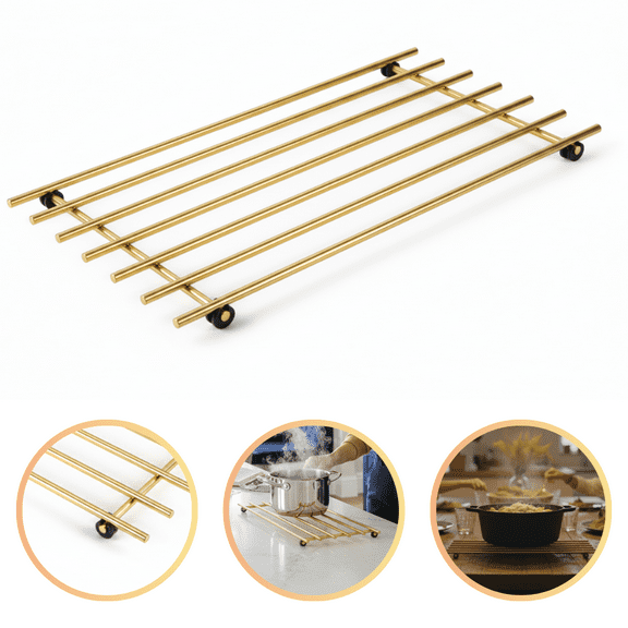 Gold Metal Trivet Set for Hot Pots – Heat Resistant Metal Hot Pot Holders for Kitchen Countertop, Long-1 Pack