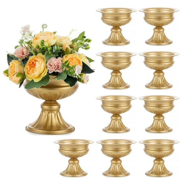 Gold Metal Vases for Table Centerpieces 6.5" Small Compote Pedestal Vase Set of 10