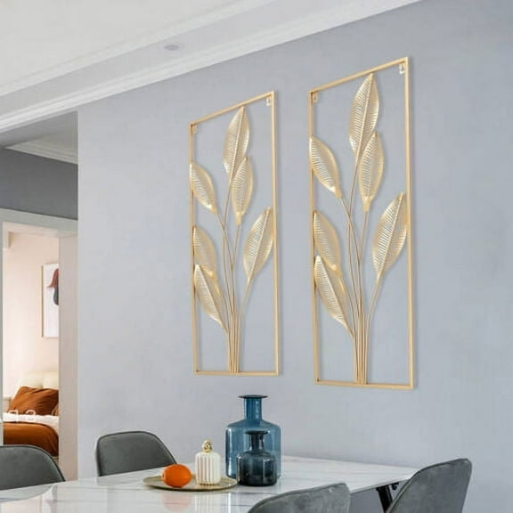 Gold Metal Wall Art Decor Leaf Wall Sculpture For Home W/ Frame Wall Hanging