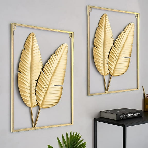 Gold Metal Wall Decor Set of 2, Leaf Wall Hanging Home Decor with Frame, Modern Wall Art Decor Wall Sculptures for Living Room, Bedroom, Office, Hotel, Large 24" X 16"