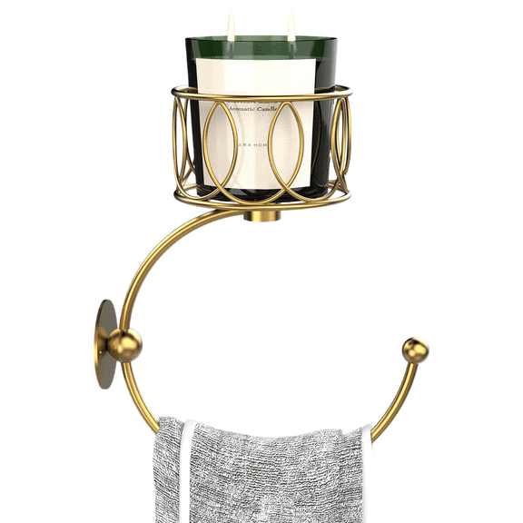 Gold Metal Wall-Mounted Candle Holder with Towel Ring, 2-in-1 Carbon Steel Iron Frame, 6.3 x 3.5 x 8.1 in Decorative Storage for Hand Towel, Vintage Bathroom Decor