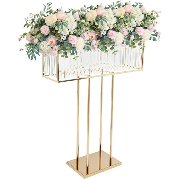 Gold Metal Wedding Centerpiece, Crystal Flower Vase Stand with Sparkling Crystal Pendants, Tall Floral Arrangement Stand for Birthday Party, Celebration, Home Decoration