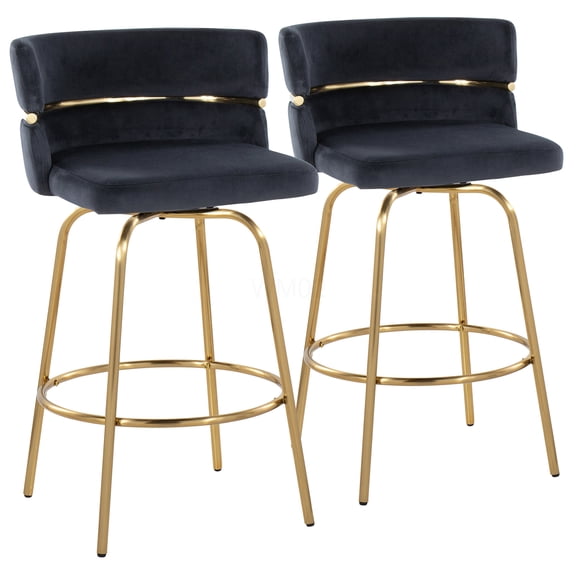 Gold Metal and Black Veluet Counter Stools Set of 2, 26 Inch Fixed Height Swivel Bar Stools with Round Footrest, Glam Art Deco Style